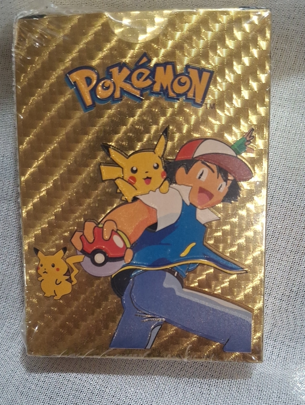 Pokemon Gold Foil Ash & Pikachu Playing Card Sleeve - Yellow, Blue, Red